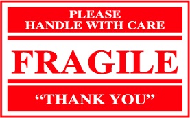 RW182 LABEL RED ON WHITE GLOSS 2-1/2"X4" "FRAGILE PLEASE HANDLE WITH CARE" 500/ROLL